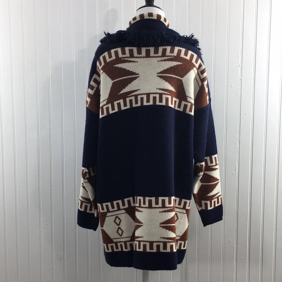 Cocogio Blue Brown Knit Aztec Cardigan Sweater Womens Small‎ Fringe Open Front - Picture 4 of 12